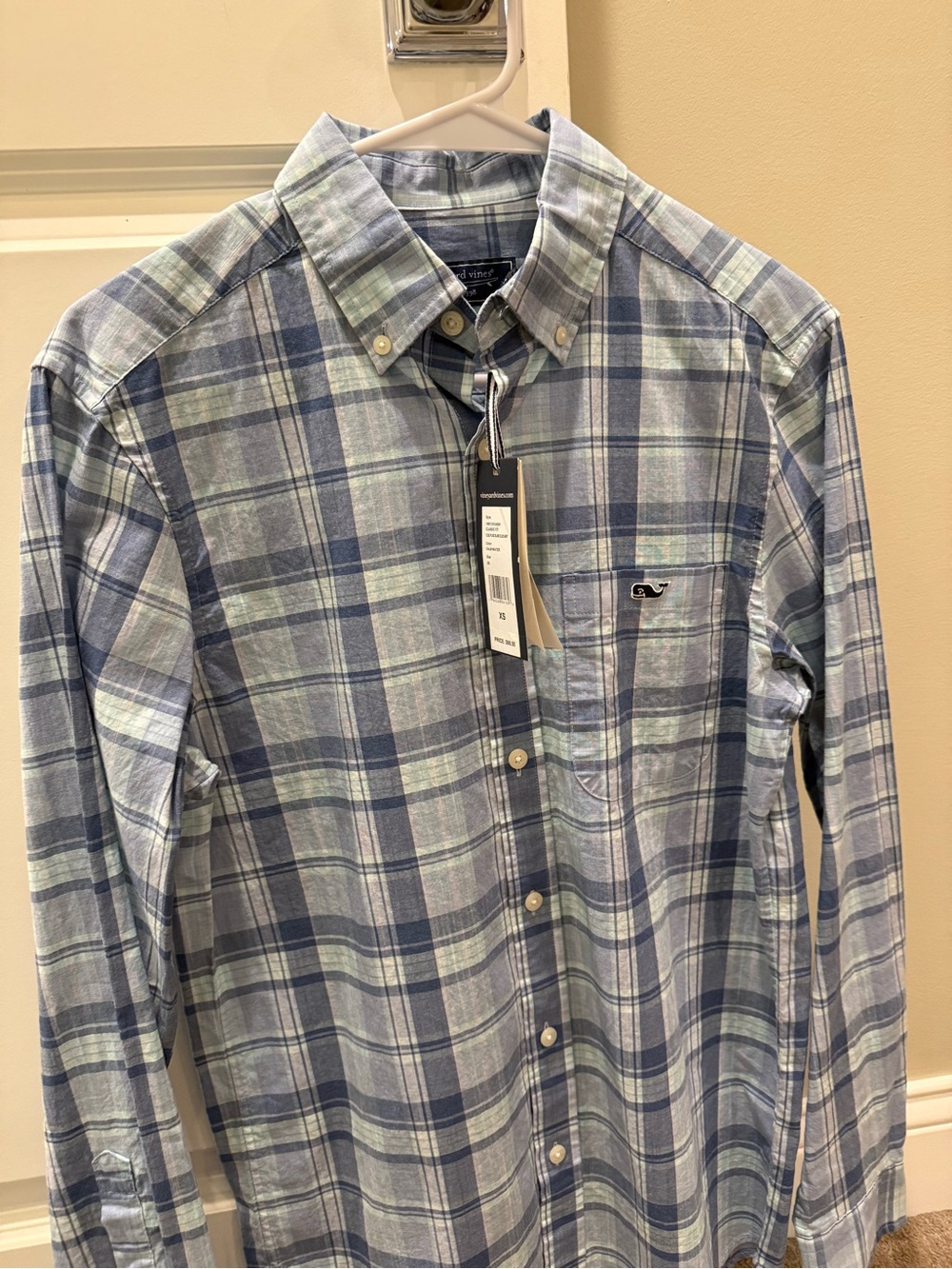 Vineyard Vines Blue and Light Green Plaid Button-Down Dress Shirt